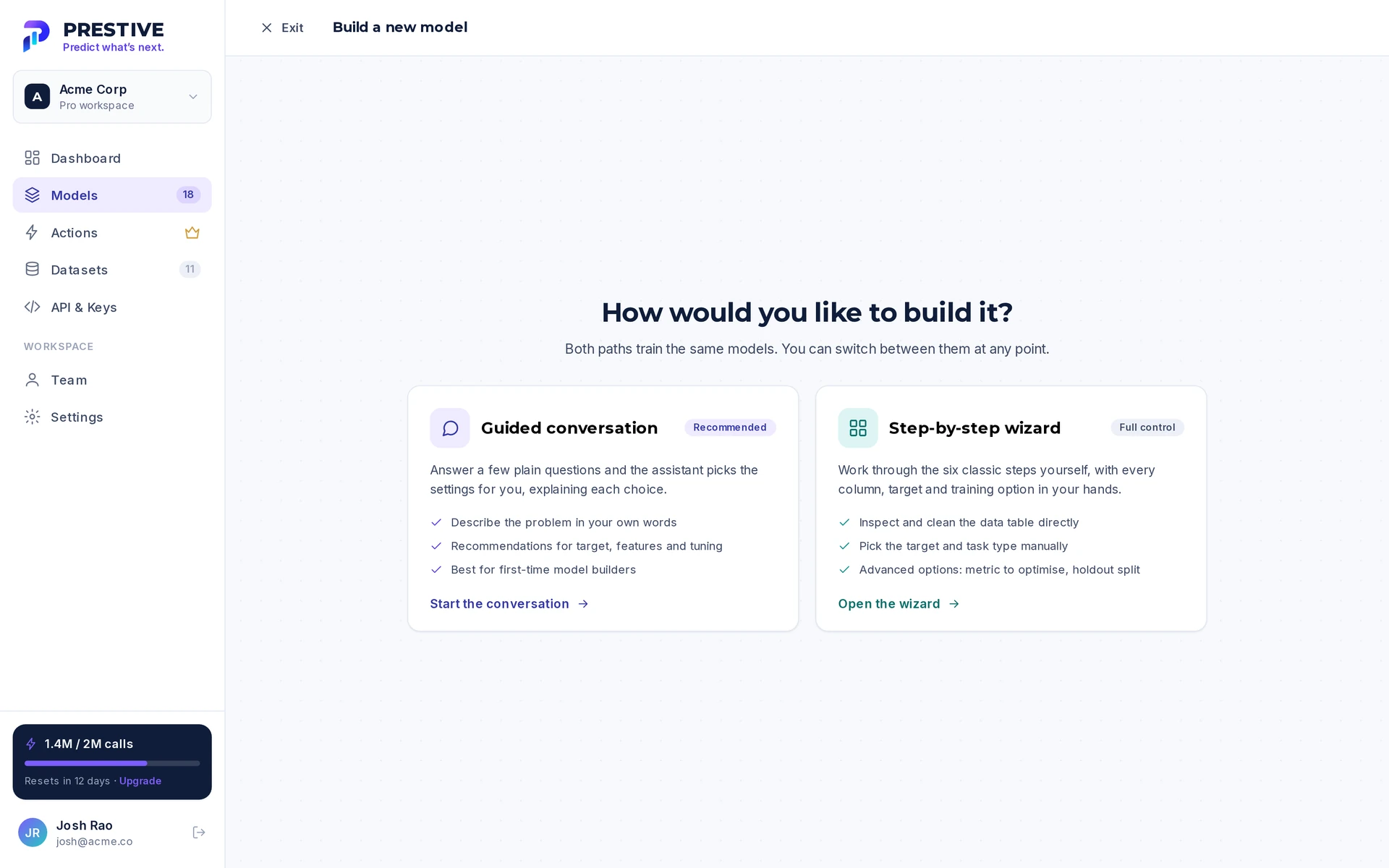 Choosing between the guided conversation and the step-by-step wizard when building a new model